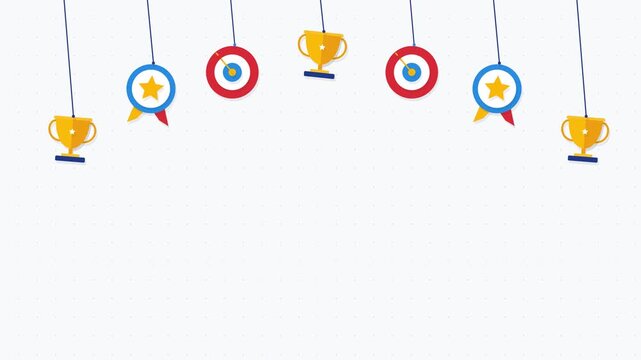 Flat vector illustration of hanging business achievement icons including trophies, medals, and targets on white background