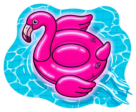 Inflatable Pink Flamingo Pool Float Sticker Floating on Blue Water Waves Sticker