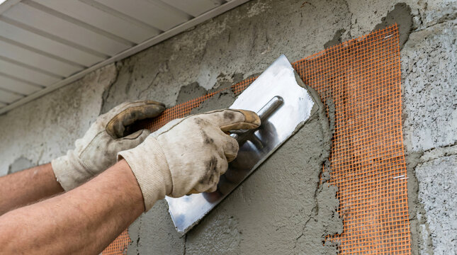 Applying stucco with orange mesh reinforcement | Professional mason plastering exterior concrete wall | Home renovation wall rendering process | Close up of worker using steel trowel for cement