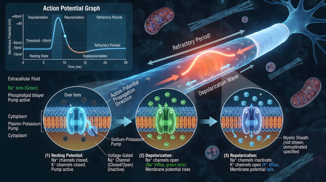 This image shows the relationship between the action potential graph and the steps in the ion change process across the cell membrane.