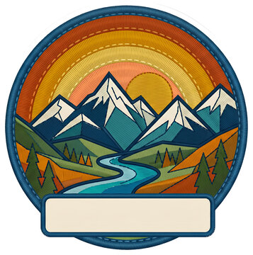 Embroidered Mountain Sunset Patch Sticker with River Valley and Blank Text Frame Sticker