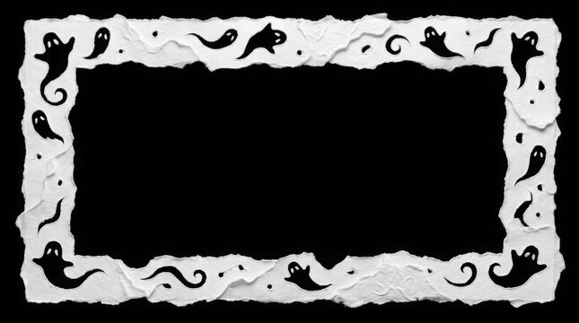 A festive halloween torn paper frame design featuring cute ghost illustrations on a dark black background for holiday invitations
