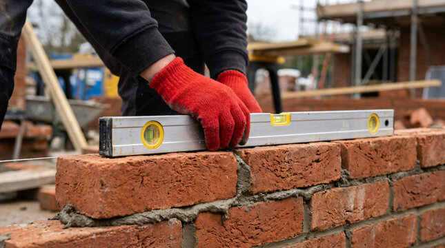 Professional bricklayer using spirit level | construction worker building brick wall | masonry work on residential building | high quality bricklaying tools