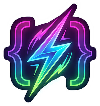 Glowing Neon Lightning Bolt Developer Sticker with Curly Brackets Coding Emblem Sticker