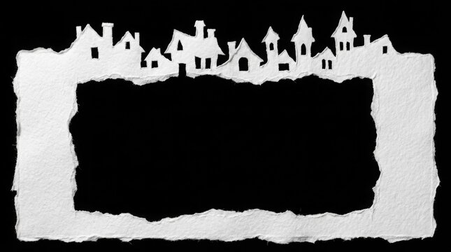 A spooky halloween torn paper frame featuring a silhouette of a haunted house village on a black background