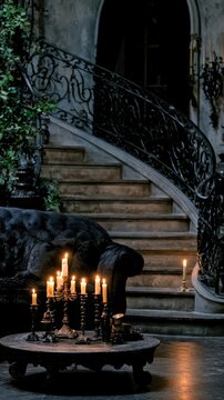 Grand gothic mansion interior with red carpeted staircase