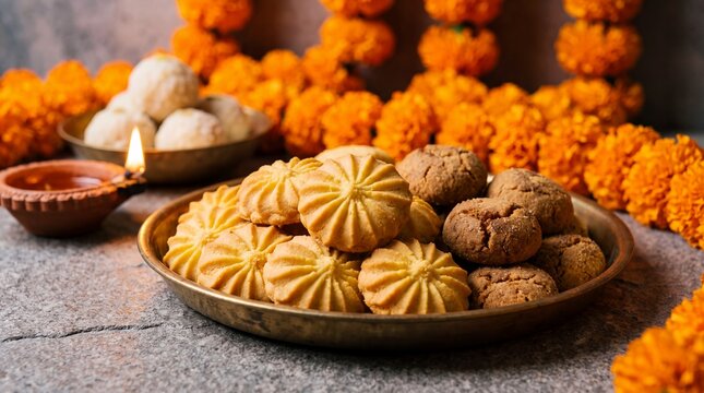 festive sweet treats, high-resolution, sharp images of a dussehra sweet spread on brass plates with marigolds and diyas in warm lighting