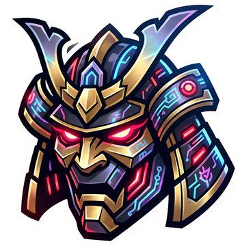 Futuristic Cyberpunk Samurai Helmet Sticker with Glowing Red Eyes and Neon Armor Sticker