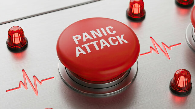 Emergency panic button with red alert light and heartbeat symbol on metal control panel, conveying urgent danger response and safety alarm activation in industrial setting