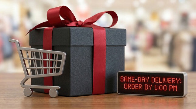 Gift box with red ribbon beside shopping cart and same day delivery sign in retail store