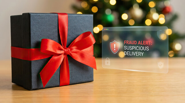 Gift box with red ribbon beside fraud alert warning for suspicious delivery, creating cautious holiday shopping concept with blurred Christmas decoration