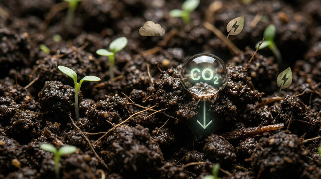 Seedling soil carbon dioxide biodiversity renewable energy concept supports climate action through healthy earth and plant growth while emphasizing carbon storage and sustainable environmental