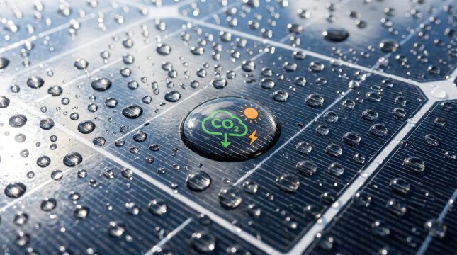 Solar panel with carbon dioxide symbol under raindrops highlights biodiversity and renewable energy innovation for climate action and sustainable power generation in changing environment