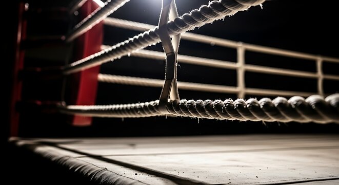 Close up of a professional boxing ring corner with white ropes under spotlight in a dark gym arena for competition and training