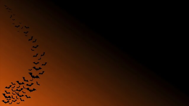 Dynamic Minimalist Halloween Slide Background with Swarm of Tiny Black Bats Swooping on Left and Dark Orange to Black Gradient with 80 Percent Open Copy Space, 16:9 Vector