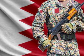 Obraz premium Bahrain flag with soldier holding assault rifle