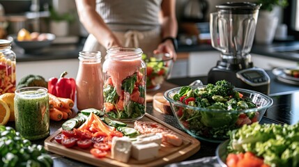 Obraz premium Freshly prepared healthy food on kitchen counter with blender and jars of smoothies during daylight