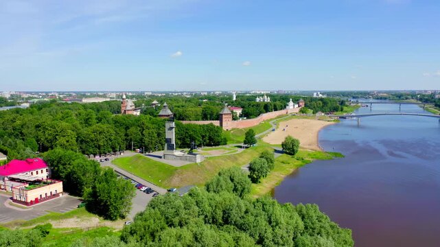 Veliky Novgorod, Russia. Victory Monument. Novgorod Kremlin (Detinets), Volkhov River. Drone footage