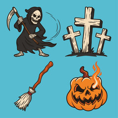 Fototapeta premium Retro Halloween Vector Elements Set with Grim Reaper, Graves, Broomstick and Flaming Jack o Lantern