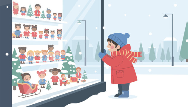 Excited child bundled in winter clothes gazes longingly through a glass storefront window at dolls and holiday toys in the falling snow.