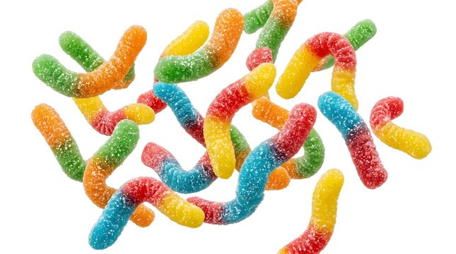 A vibrant and colorful assortment of gummy worm candies, perfect for confectionery and sweet treat promotions