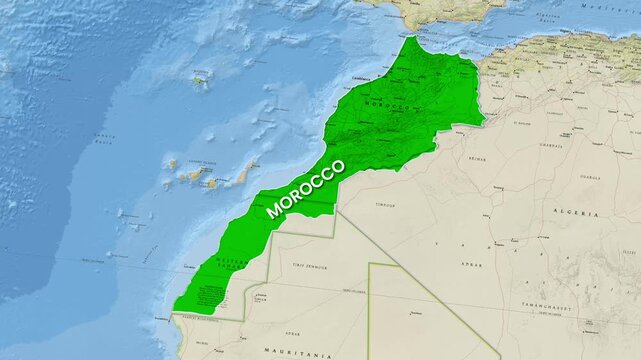 Morocco digital map animation highlighting Marrakesh region with red color
