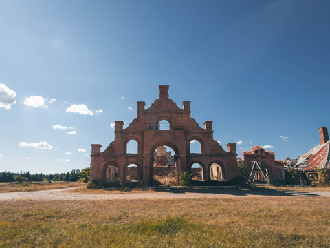Aerial view of the abandoned Egebaksande farm ruins in Thy National Park, Denmark
