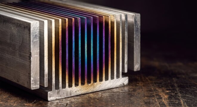 Heatsink metal fins with rainbow anodized edges on dark wood surface