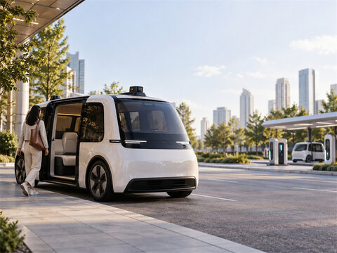 Driverless robotaxi stopped at an urban curb with its side door open showing autonomous passenger pickup electric fleet mobility smart transportation and future city travel technology