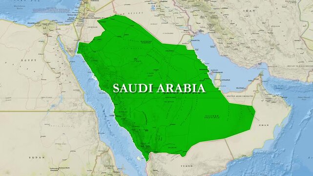 Saudi Arabia map highlighting Riyadh region in digital motion video footage