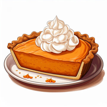Pumpkin pie slice with whipped cream illustration