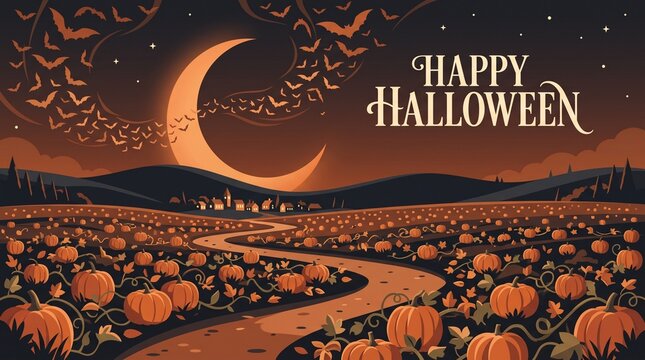 Happy halloween greeting card with pumpkin patch field under a crescent moon and bats