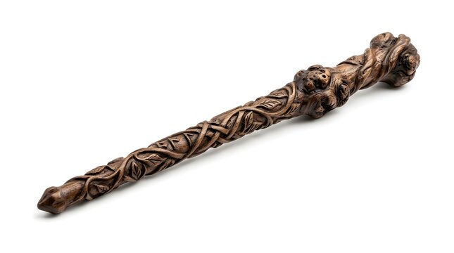 Detailed wooden magic wand with intricate carved vine patterns isolated on a white background