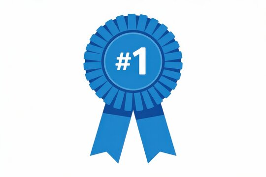 Blue rosette award ribbon with number one symbol isolated on a white background