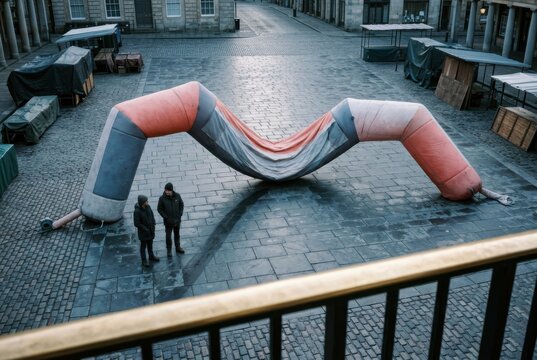 Urban windsock sculpture in empty plaza from above