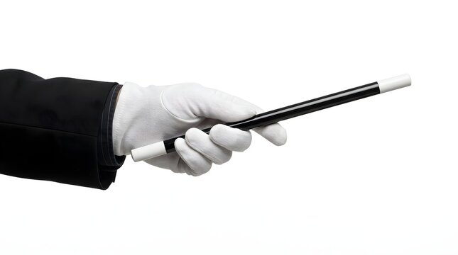 Magician hand in white glove holding classic black and white magic wand isolated on white background