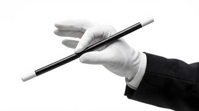 Magician hand in white glove holding classic magic wand isolated on white background