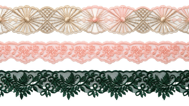 Set of three decorative lace ribbons with floral and geometric patterns isolated on transparent background
