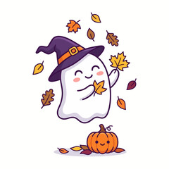 Fototapeta premium Ghost Catching Autumn Leaves in Witch Hat Halloween Illustration