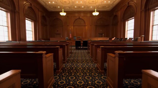 Historic United States Courthouse Interior with Wooden Courtroom Benches