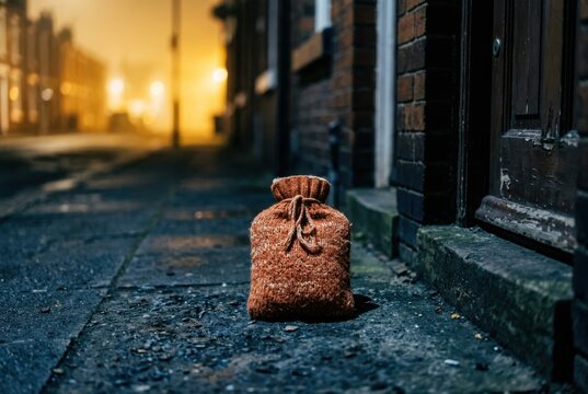 Rustic drawstring sack on a dim urban sidewalk at night