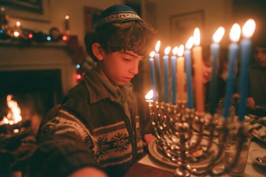 Young jewish boy wearing kippah standing beside glowing menorah candles during hanukkah holiday