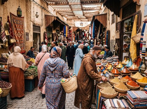 People walking through a lively traditional souk market alley filled with colorful spices, tagines, carpets, and crafts in a historic Moroccan medina.