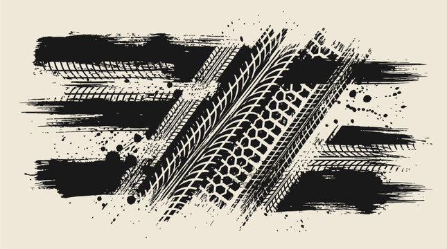 Grungy vector texture pack featuring tire tracks and mud splashes for automotive and urban themed graphic design projects isolated on a light beige background for a rugged industrial aesthetic