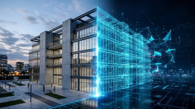Modern office building transforming into a glowing digital wireframe, representing architectural innovation and smart city technology, concept of digital transformation and smart architecture