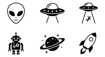 Fototapeta premium Alien heads flying saucers and a hand are depicted as flat vector icons