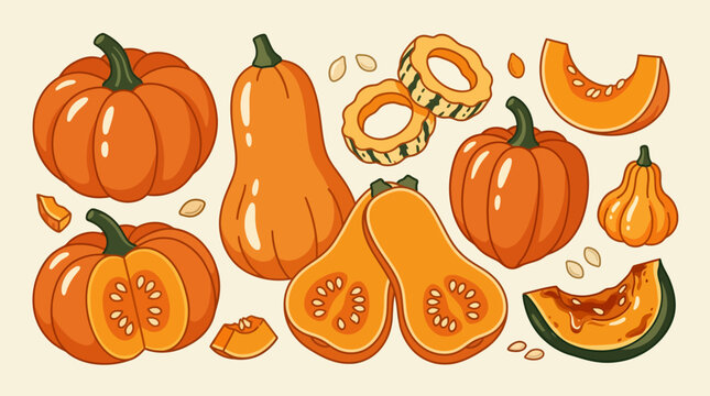 Set of assorted orange pumpkins and squash vector illustration featuring whole and sliced gourds for autumn harvest themes isolated on a light background for seasonal festive design elements