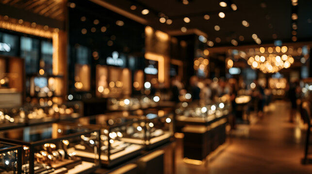 Wide interior view of blurred luxury jewelry showroom with glass display cases, dark decor and golden bokeh lighting for premium retail advertising, shopping concepts and commercial background