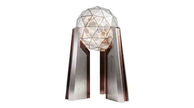 Futuristic silver trophy with geodesic glass sphere, modern award for innovation and excellence, metallic sculpture on white background