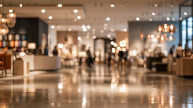Wide eye level view of blurred luxury furniture showroom in warm beige and brown tones with glowing bokeh lights and reflective floor for interior design, retail marketing and commercial background